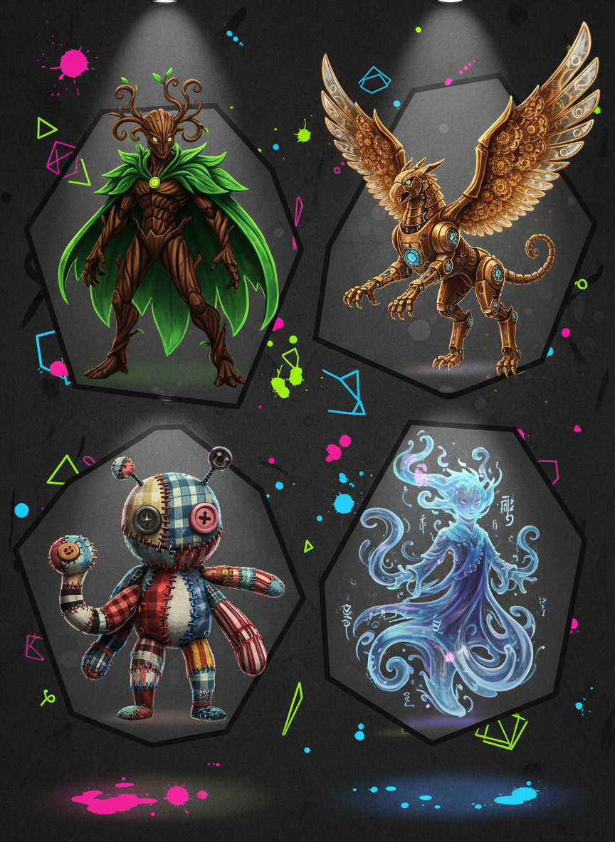 A digital-art collection grid of floating, irregular panels, each containing a distinct, boldly colored character illustration: a plant-based guardian with glowing leaves, a clockwork animal with transparent gears, a plush toy monster stitched with visible seams, and an ethereal, translucent spirit. All figures are clearly non-human yet expressive through posture and design. The panels hover over a dark, textured backdrop reminiscent of ink-washed paper, with scattered neon shapes and paint splashes. Soft spotlight-style lighting subtly illuminates each panel, giving a curated gallery feel. Shot straight-on with slight perspective, the layout reads like an interactive portfolio gallery page, energetic but organized, highlighting variety in character design and narrative tone.