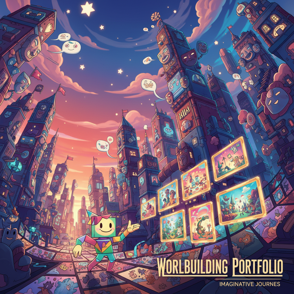 A whimsical digital-art cityscape built entirely from character silhouettes and narrative symbols, where buildings resemble stacked storybooks and stylized masks, and streets curl like the pages of a comic. In the foreground, a prominent non-human mascot figure made of bright geometric shapes presents a floating gallery of framed illustration thumbnails, each glowing slightly. The sky is a gradient from warm coral to electric blue, dotted with oversized, friendly stars and graphic speech-bubble clouds. Dynamic rim lighting creates striking outlines and dramatic contrast. Viewed from a low-angle, cinematic perspective, the composition feels expansive and adventurous, ideal for a ‘world-building’ portfolio section cover, emphasizing bold storytelling and imaginative environments.